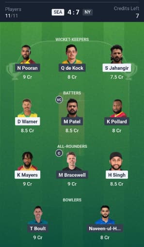 Dream11 Team For SEA vs NY Dream11 Team For SEA vs NY