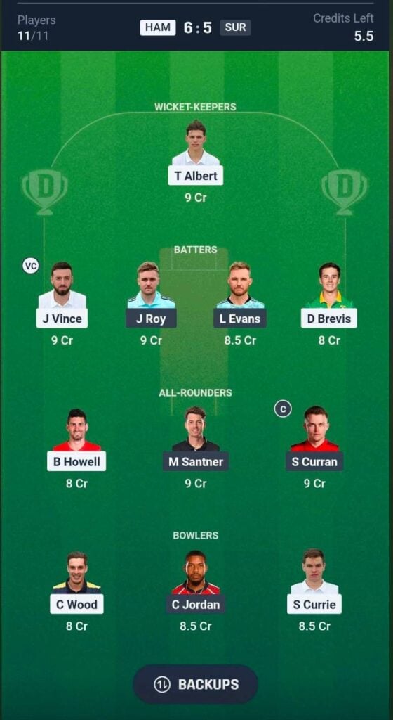 HAM vs SUR Dream11 Team HAM vs SUR Dream11 Team