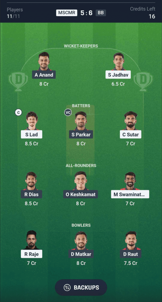 MSCMR vs BB Dream11 Team MSCMR vs BB Dream11 Team