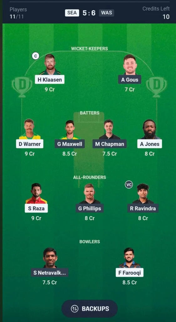 SEA vs WAS Dream11 Team SEA vs WAS Dream11 Team