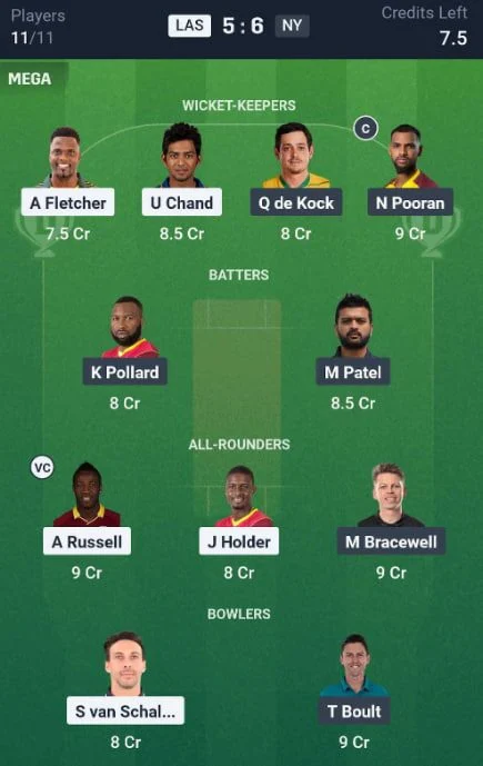 Dream11 Team For LAS vs NY Dream11 Team For LAS vs NY