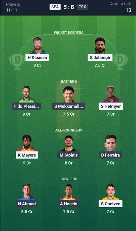 Seattle Orcas vs Texas Super Kings Dream11 Team
