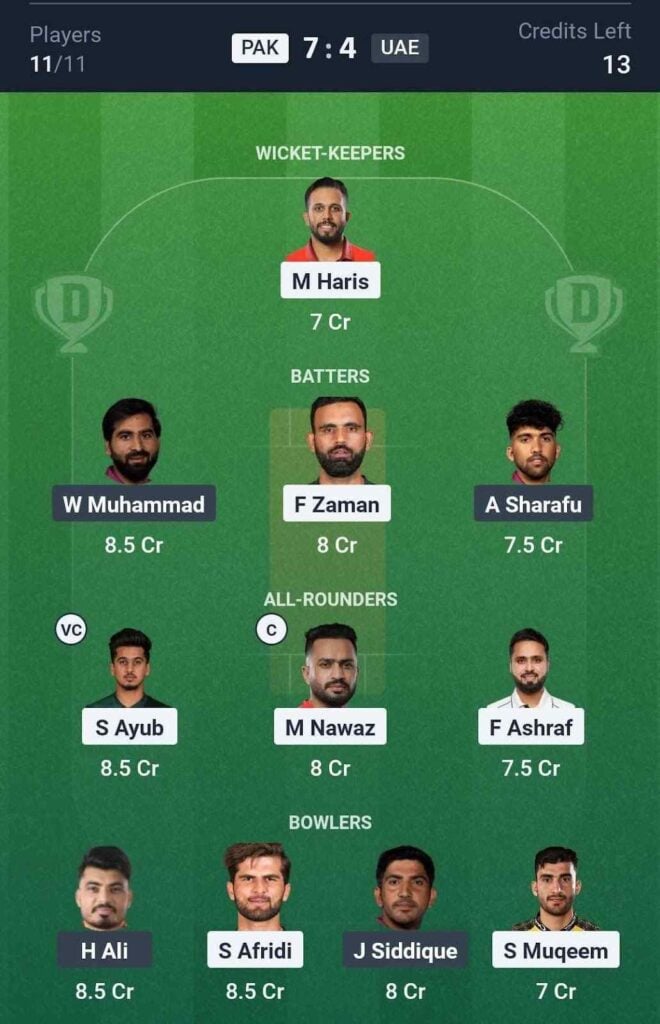 Dream11 Team For PAK vs UAE Dream11 Team For PAK vs UAE