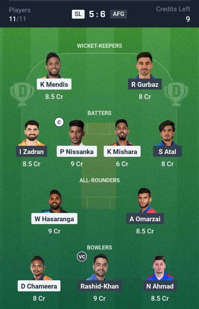 Dream11 Team For SL vs AFG Dream11 Team For SL vs AFG