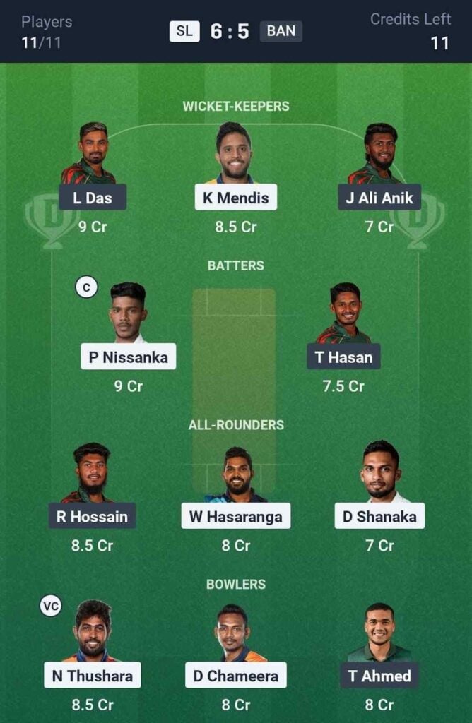 Dream11 Team For SL vs BAN Dream11 Team For SL vs BAN