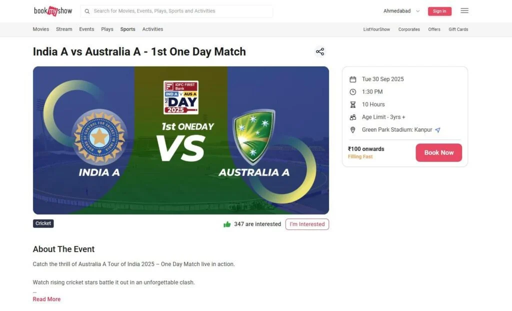 India A vs Australia A ODI tickets on Bookmyshow India A vs Australia A ODI tickets on Bookmyshow