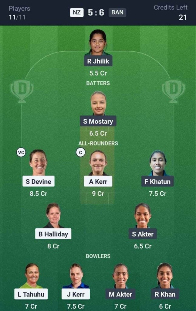 Dream11 Team For BAN-W vs NZ-W Dream11 Team For BAN-W vs NZ-W