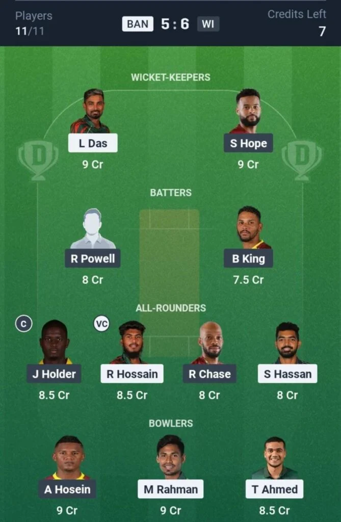 Dream11 Team For BAN vs WI Dream11 Team For BAN vs WI