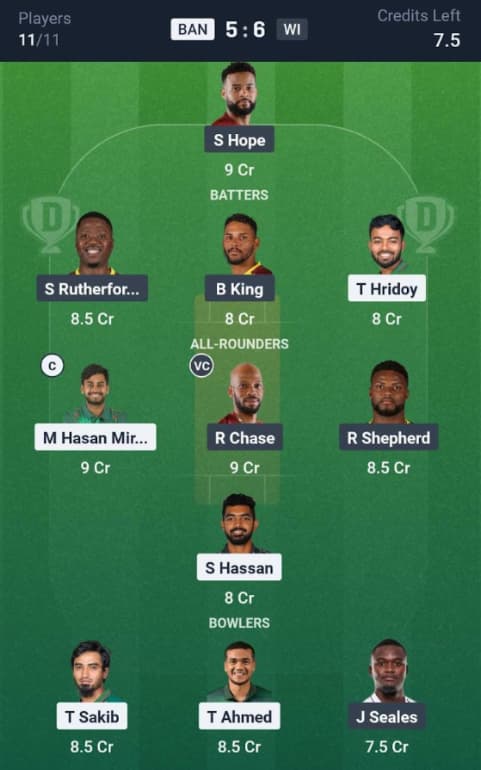 Dream11 Team For BAN vs WI Dream11 Team For BAN vs WI