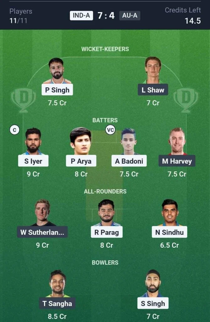 Dream11 Team For IND-A vs AU-A Dream11 Team For IND-A vs AU-A