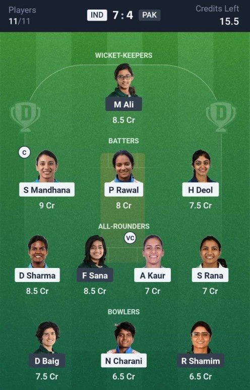 Dream11 Team For IND-W vs PAK-W Dream11 Team For IND-W vs PAK-W