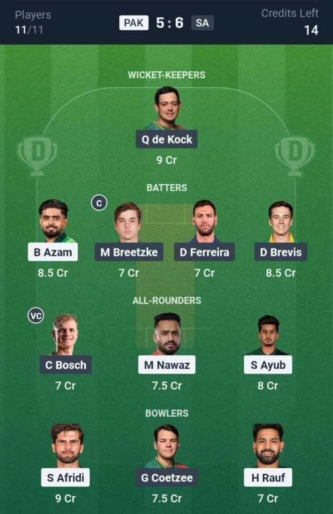 Dream11 Team For PAK vs SA Dream11 Team For PAK vs SA