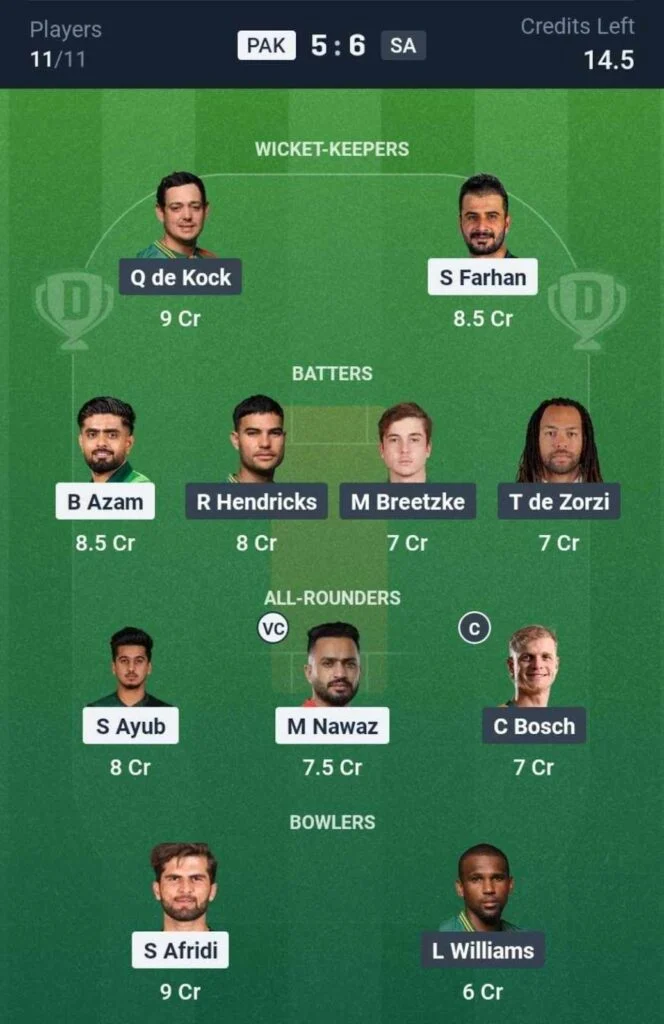 Dream11 Team For PAK vs SA Dream11 Team For PAK vs SA