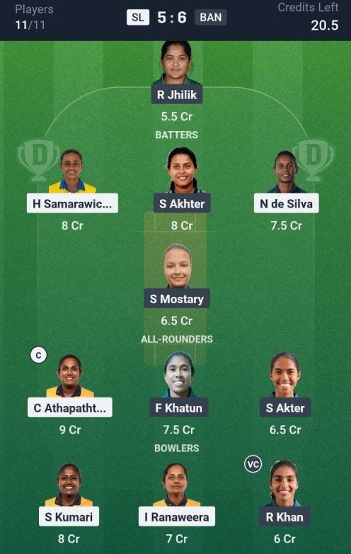 Dream11 Team For SL-W vs BAN-W Dream11 Team For SL-W vs BAN-W