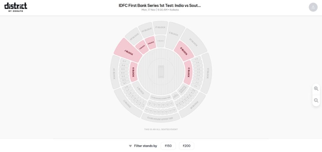 Seating Category For India vs SA Test Tickets Seating Category For India vs SA Test Tickets