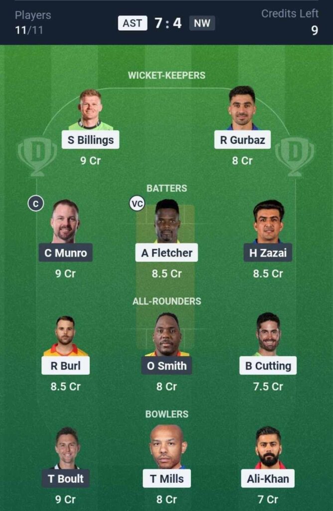Dream11 Team For AST vs NW Dream11 Team For AST vs NW