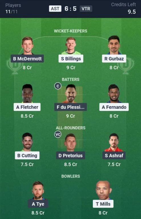 Dream11 Team For AST vs VTR Dream11 Team For AST vs VTR