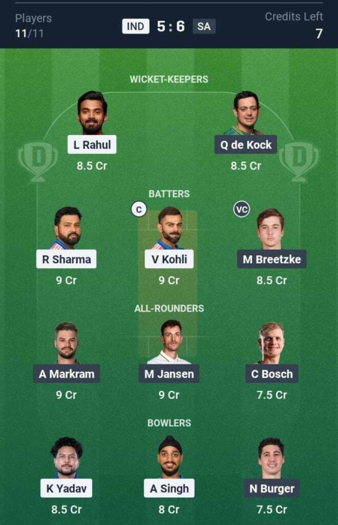 Dream11 Team For IND vs SA Dream11 Team For IND vs SA