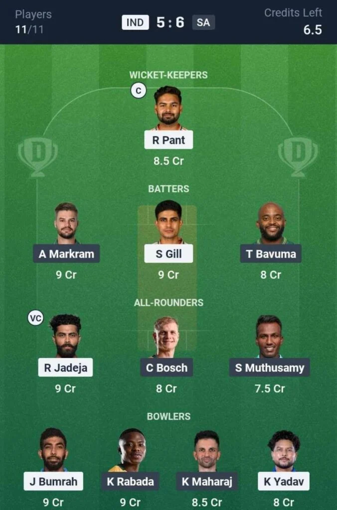 Dream11 Team For IND vs SA Dream11 Team For IND vs SA