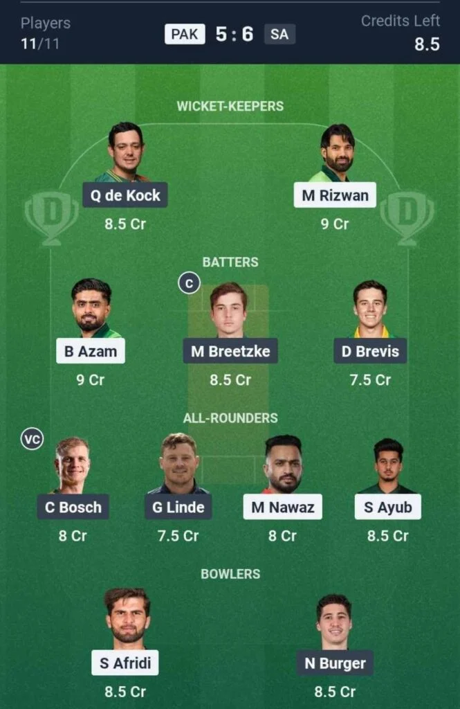 Dream11 Team For PAK vs SA Dream11 Team For PAK vs SA