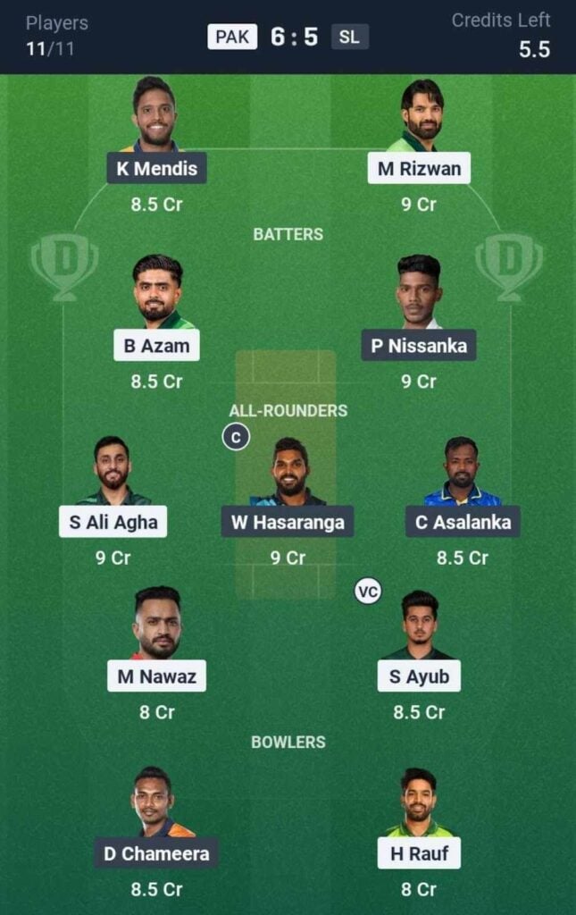 Dream11 Team For PAK vs SL Dream11 Team For PAK vs SL