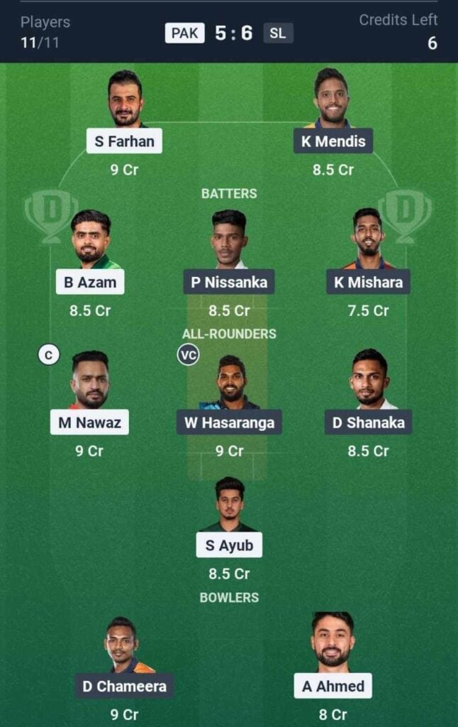 Dream11 Team For PAK vs SL Dream11 Team For PAK vs SL