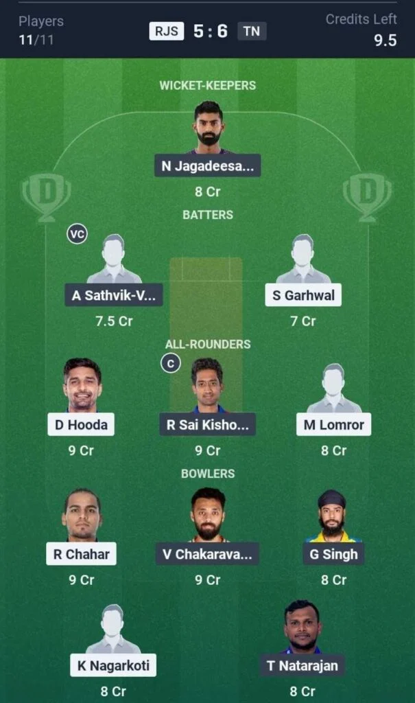 Dream11 Team For RJS vs TN Dream11 Team For RJS vs TN