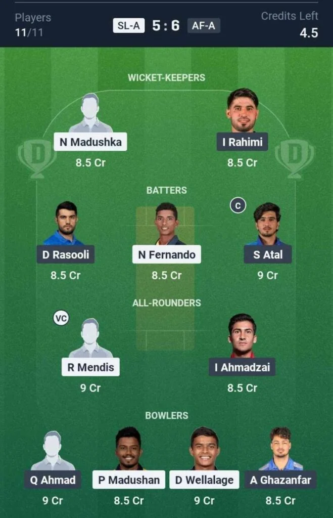 Dream11 Team For SL-A vs AF-A Dream11 Team For SL-A vs AF-A