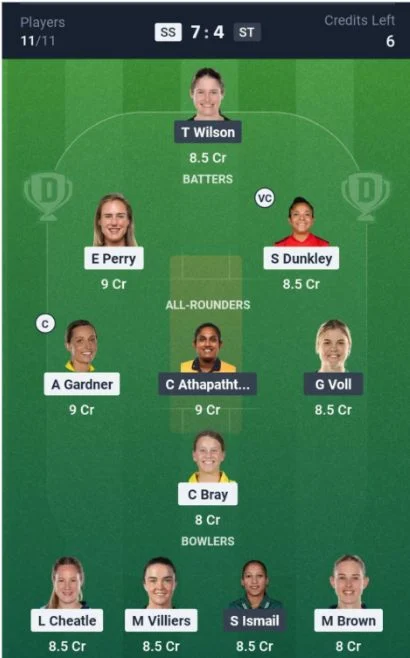 Dream11 Team For SS-W vs ST-W Dream11 Team For SS-W vs ST-W