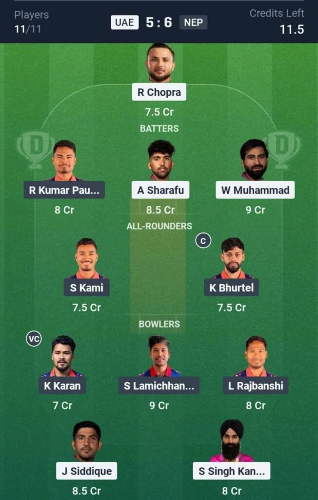 Dream11 Team For UAE vs NEP Dream11 Team For UAE vs NEP