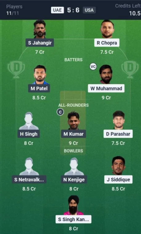 Dream11 Team For UAE vs USA Dream11 Team For UAE vs USA