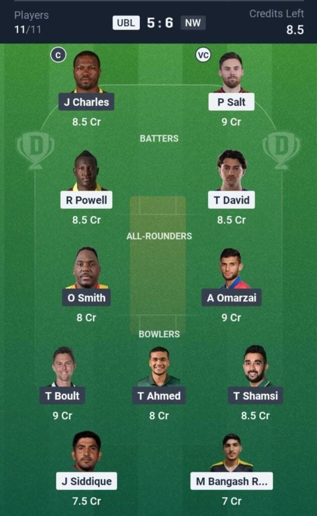 Dream11 Team For UBL vs NW Dream11 Team For UBL vs NW