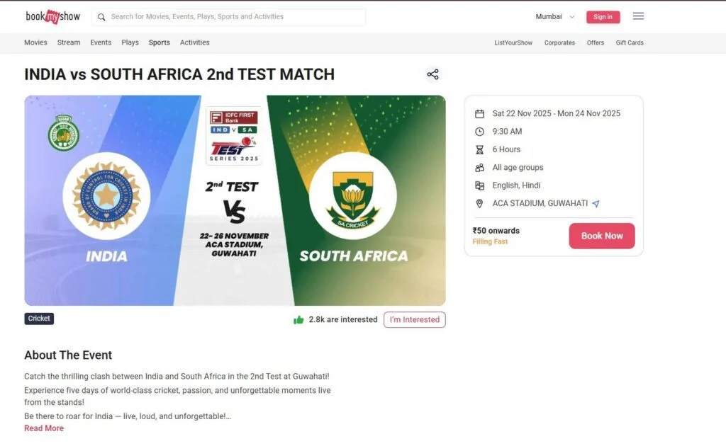 IND vs SA 2nd test match tickets bookmyshow IND vs SA 2nd test match tickets bookmyshow