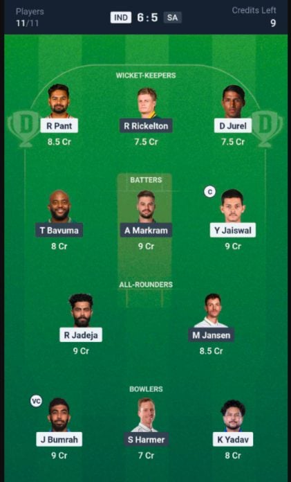 Dream11 Team For IND vs SA Dream11 Team For IND vs SA