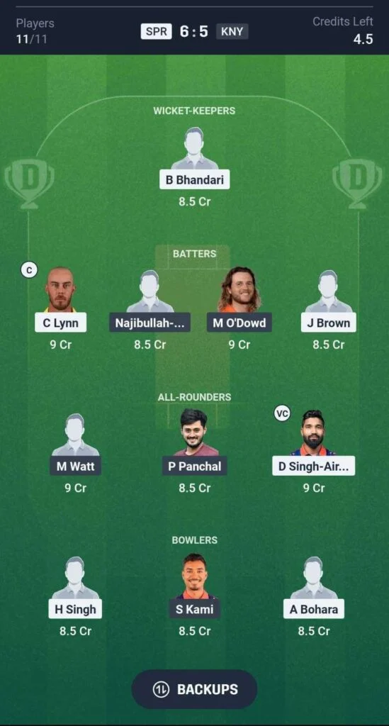 Dream11 Team for SPR vs KNY Dream11 Team for SPR vs KNY