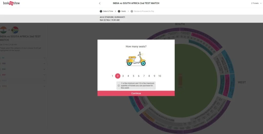 bookmyshow - select no of seats for match bookmyshow - select no of seats for match