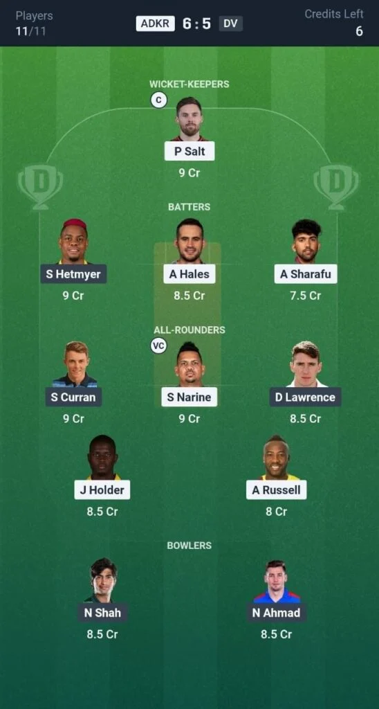 Dream11 Team For ADKR vs DV Dream11 Team For ADKR vs DV