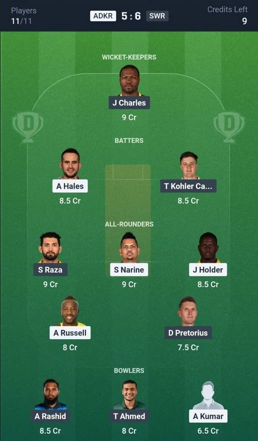 Dream11 Team For ADKR vs SWR Dream11 Team For ADKR vs SWR