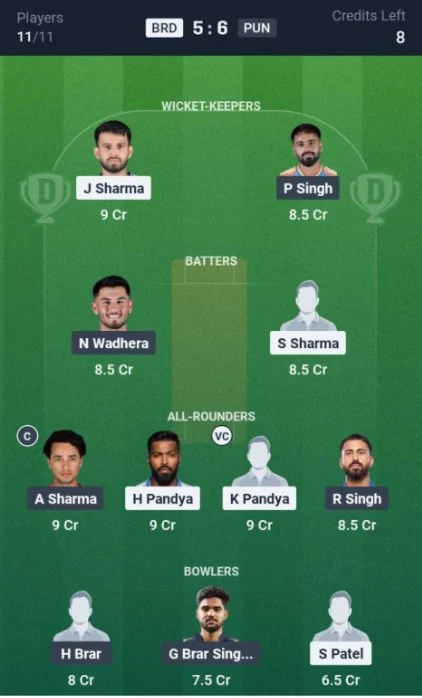 Dream11 Team For BRD vs PUN Dream11 Team For BRD vs PUN
