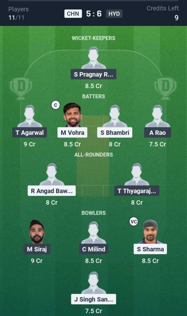 Dream11 Team For CHN vs HYD Dream11 Team For CHN vs HYD