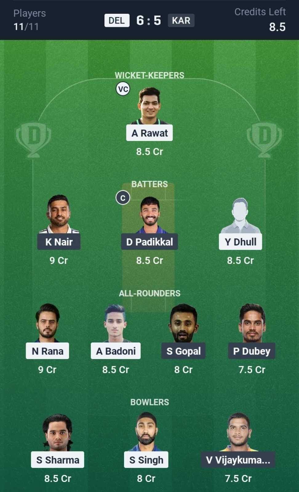 Dream11 Team For DEL vs KAR Dream11 Team For DEL vs KAR
