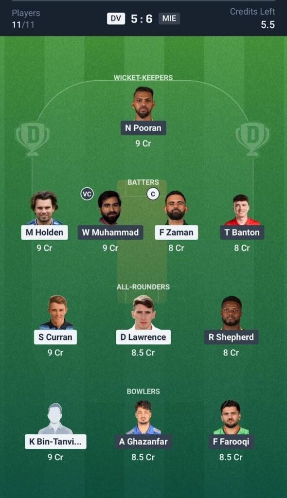 Dream11 Team For DV vs MIE Dream11 Team For DV vs MIE