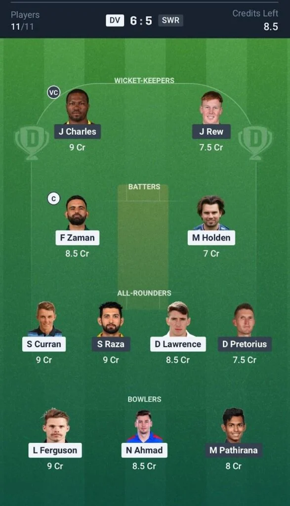 Dream11 Team For DV vs SWR Dream11 Team For DV vs SWR