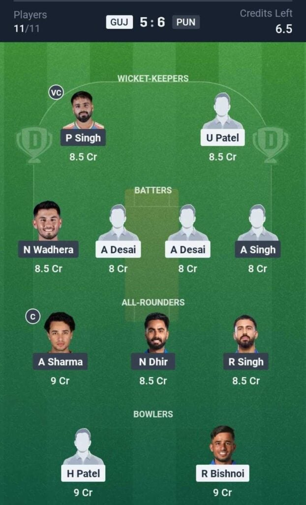 Dream11 Team For GUJ vs PUN Dream11 Team For GUJ vs PUN