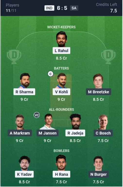 Dream11 Team For IND vs SA Dream11 Team For IND vs SA