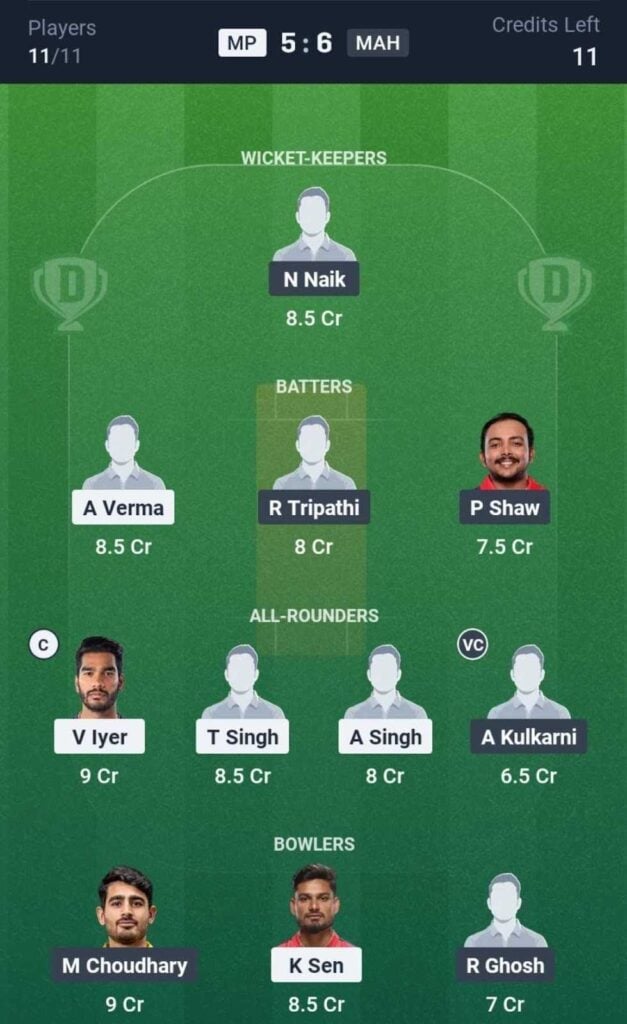 Dream11 Team For MP vs MAH Dream11 Team For MP vs MAH
