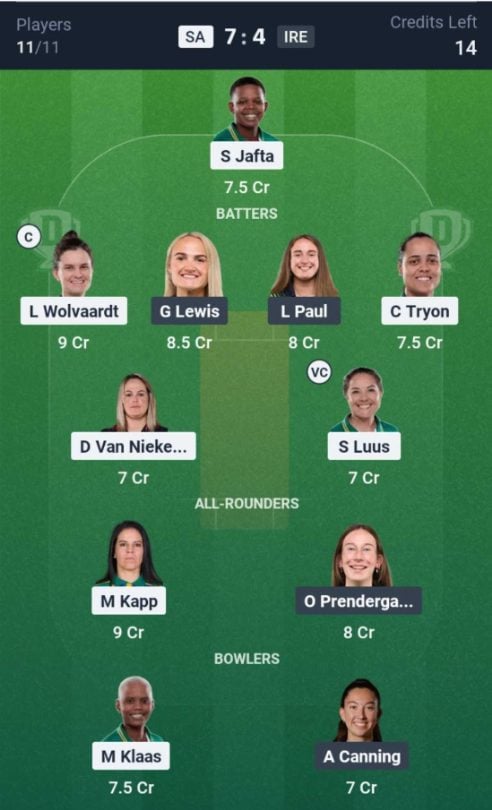 Dream11 Team For SA-W vs IRE-W Dream11 Team For SA-W vs IRE-W