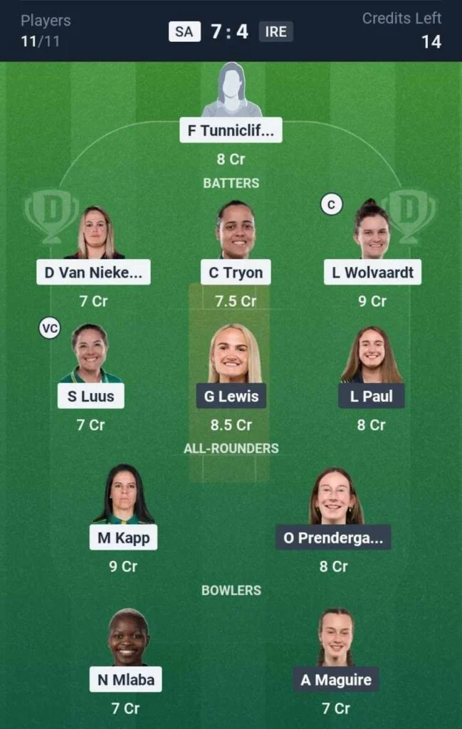 Dream11 Team For SA-W vs IRE-W Dream11 Team For SA-W vs IRE-W