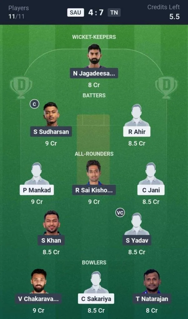 Dream11 Team For SAU vs TN Dream11 Team For SAU vs TN