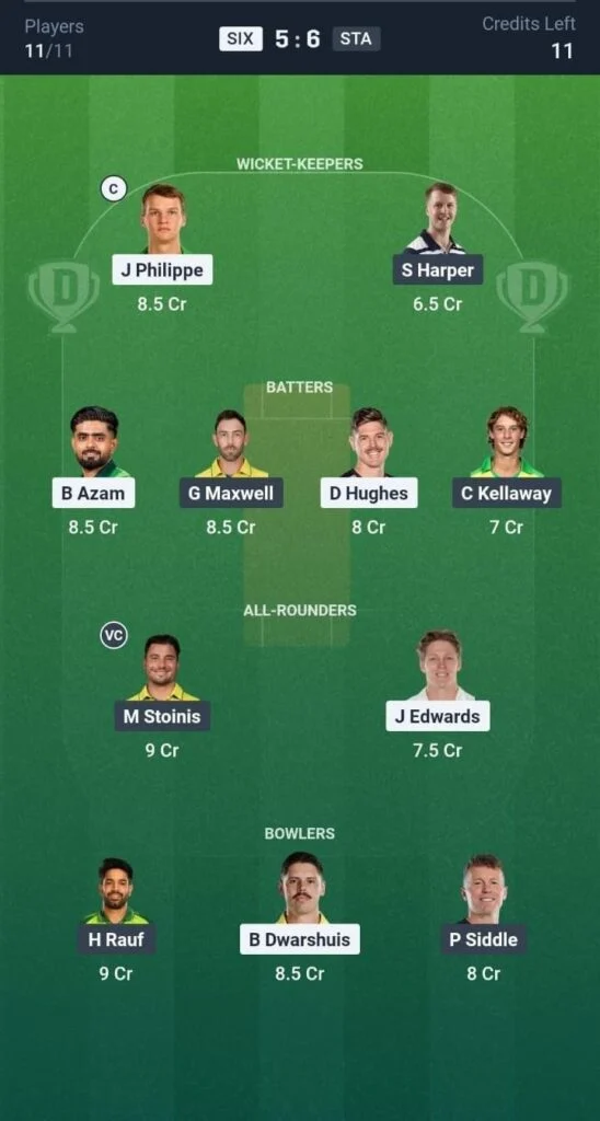 Dream11 Team For SIX vs STA Dream11 Team For SIX vs STA